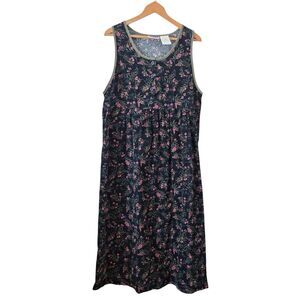 Erika & Co Vintage 90s Black Floral Corduroy Cotton Midi Cottagecore Dress Sz L